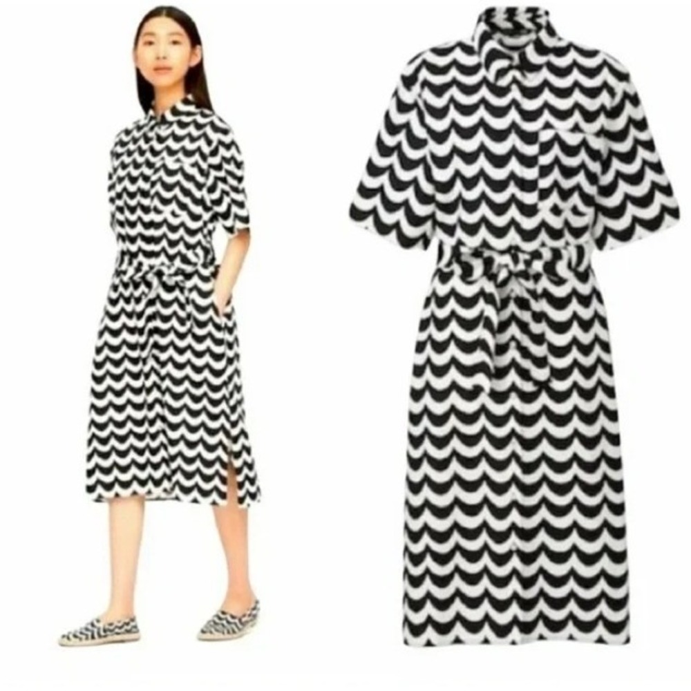 Marimekko Black and White Wave-Print Midi Shirt Dress